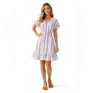 Chelsea & Violet Womens Dress V Neck Striped Purple White Linen Ruffle Med NWT